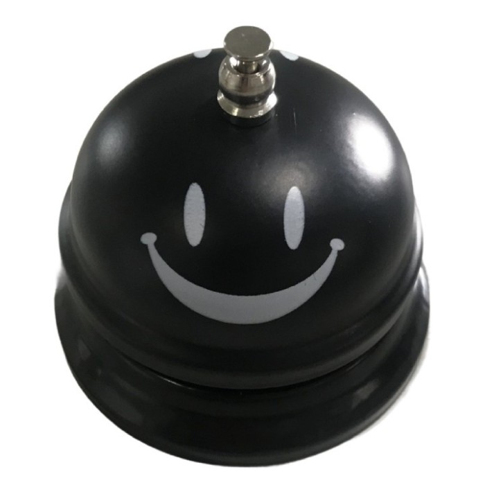 Clopotel metalic multifunctional, flippy, negru cu imprimeu smiley face, 7.5x7.5x6.5 cm, receptie, restaurant, cafenele