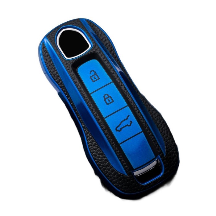 Husa Cheie Porsche, Smartkey Model Nou, 3 Butoane, Tpu, Aspect piele, Albastru