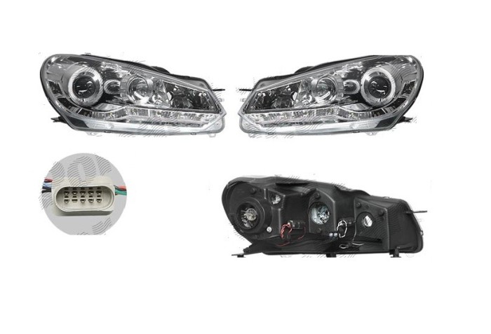 Set faruri tuning VW GOLF VI (5K), 10.2008-, cu LED parking light; H1+H1; manual; transparent, silver; TUNING; halogen,