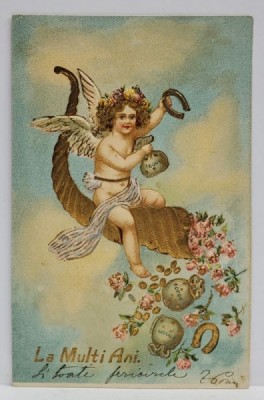 CARTE POSTALA FELICITARE DE ANUL NOU , CU AMORAS SI CORNUL ABUNDENTEI , CROMOLITOGRAFIE , EMBOSATA , INCEPUTUL SEC. XX foto