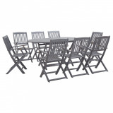 Set mobilier de grădină, 9 piese, gri, lemn masiv de acacia