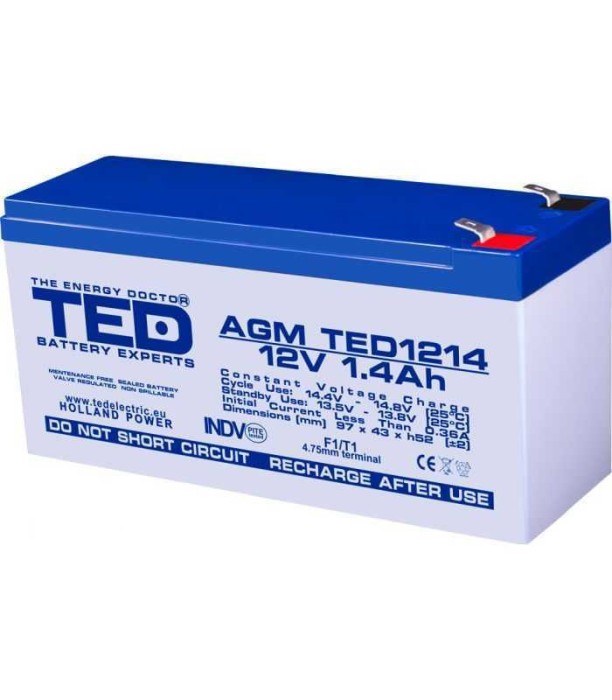 Acumulator AGM VRLA 12V 1.4Ah plumb acid 97x47x50 mm F1 terminal TED