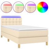 Cumpara ieftin Pat cu arcuri, saltea si LED, crem, 90x190 cm, textil