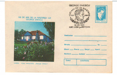 CPIB16987 INTREG POSTAL - GEORGE ENESCU. 100 ANI DE LA NASTERE. LIVENI CASA MEMO foto