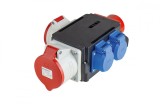 Distribuitor de curent trifazic MIXO CEE maxim 11kW intrare 5 poli 16A 400V iesire 5 poli 16A 400V, 5 poli 32A 400V si 2 prize schuko 230V IP44, As Schwabe
