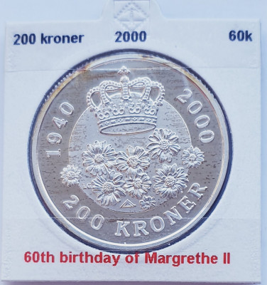 192 Danemarca 200 kroner 2000 Queen&amp;#039;s Birthday km 886 argint foto