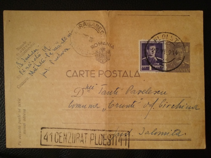 1944-C.P.circ.-CENZURAT-Ploiesti 41-Stamp.Draganesti