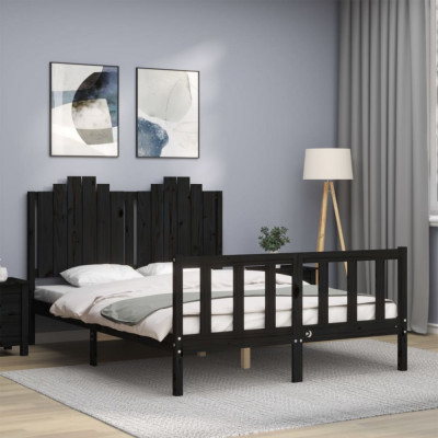 vidaXL Cadru de pat cu tăblie, negru, 140x190 cm, lemn masiv foto