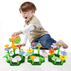Set Educativ 131 Piese de Constructie Gradina cu Flori cu Cutie si Sac Depozitare Inclus