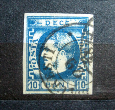10 bani albastru Carol cu favoriti, obliterata, L.P. 26, 1869 foto