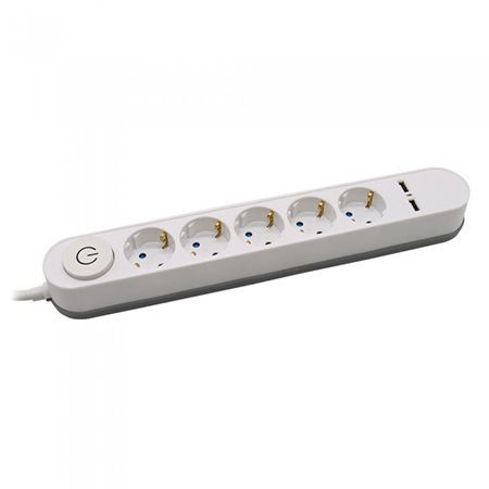 Prelungitor 5 Intrari Intrerupator iluminat &amp; 2 Port-uri USB 3G 1.5mm x 3m Alb