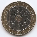 Monaco 20 de Franci 1992 - Rainier al III-lea, Bimetalic, 27 mm, KM-165 (2), Europa