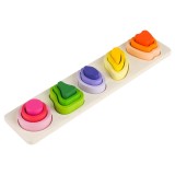 Jucarie montessori din lemn, flippy, tip puzzle, cu 5 forme asimetrice, 15 piese, model fructe, educativa, interactiva, creativa, materiale non toxice