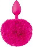 Plug Anal silicon cu pompon blana roz fucsia, Sweet Caress - 12 cm