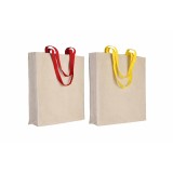 Set sacose din bumbac 220 g, manere colorate, reutilizabile, natur, 2 bucati