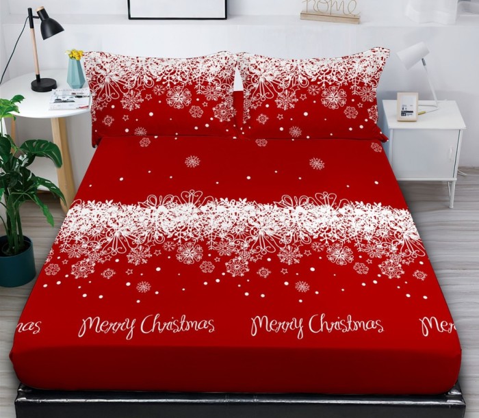 Husa De Pat De Craciun Weihnachten Cr040, Bumbac, 3 Piese, Cu Elastic, Rosu