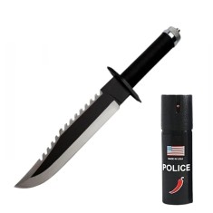 Set cutit tactic multifunctional si spray autoaparare chili, DEPOX&reg;, otel inoxidabil, spargator sticla, surubelnita, 39.5 cm/ 60 ml