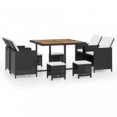 vidaXL Set mobilier de exterior, 9 piese negru, poliratan, lemn acacia