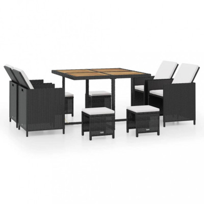 vidaXL Set mobilier de exterior, 9 piese negru, poliratan, lemn acacia foto