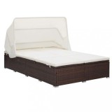 vidaXL Șezlong Dublu Maro Poliratan cu Copertină &amp; Pernă Crem, Reglabil, 194x120.5x110cm, Cadru Oțel, Mobilier Gradina, Exterior