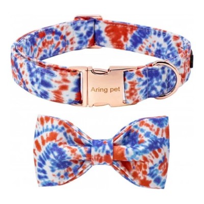 Set 2 piese papion si guler pentru caini Aring Pet, L, lungime reglabila intre 40.6 si 60 cm, latime 3.2 cm, bumbac, metal, multicolor foto