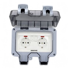 Priza dubla exterior INNOVIX, Model Standard European, 250V/16A, IP66, rezistenta la apa si praf, gri cu intrerupatoare individuale