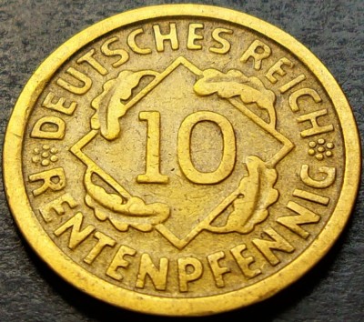 Moneda istorica 10 RENTENPFENNIG - GERMANIA, anul 1924 *cod 286 A - Litera F foto