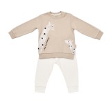 Cumpara ieftin Set bluzita cu maneca lunga si pantaloni lungi cu buline Girafa, BabyCosy, 100% bumbac organic, Mink (Marime: 6-9 luni)