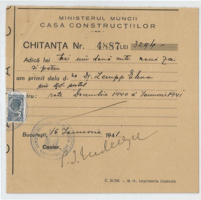 Romania, Ministerul Muncii, Casa Constructiilor, Chitanta, Bucuresti, 1941