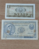 Romania , lot de 2 bancnote : 1 Leu 1966 + 5 lei 1952