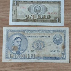 Romania , lot de 2 bancnote : 1 Leu 1966 + 5 lei 1952