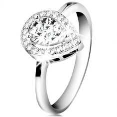 Inel din argint 925 placat cu rodiu, zirconiu transparent în formă de lacrimă în contur strălucitor - Marime inel: 52