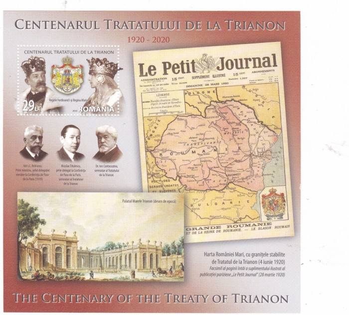 2020 LP 2305a &quot;Tratatele de Pace de la Paris, 1919&ndash;1920&quot; , colita 849,MNH