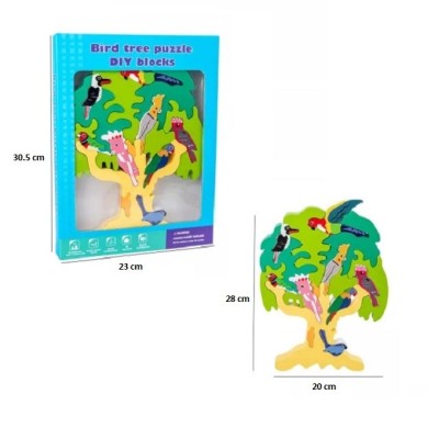 Joc educativ Montessori tip Puzzle 3d din lemn in forma de Copac cu pasari foto