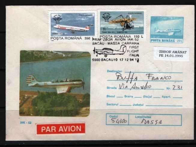 ROMANIA 1994 - AVIATIE. PRIM ZBOR AVION IAK-52. PLIC OCAZIONAL, FDCRO5