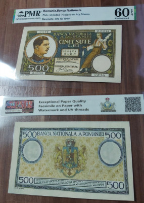 REPRODUCERE pe hartie cu filigran si fire UV proiect bancnota 500 lei 1939 foto