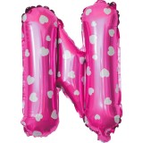 Balon folie metalizata litera n, flippy, 40 cm, cu imprimeu inimioare, umflati cu heliu sau aer, ambalaj individual, pai inclus, roz