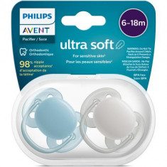 Set 2 suzete Philips-Avent SCF091/17, ultra soft 6-18 luni, Ortodontice, fara BPA, Gri/Albastra