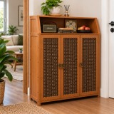 Pantofar hol HAWIRE PF-03 cu 3 usi din bambus, 100x90x31 cm, Model vertical pentru hol mic, Depozitare incaltaminte, Design retro, Natural