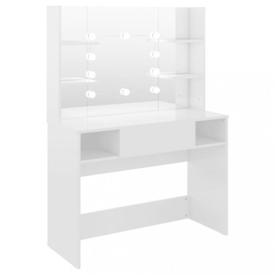 Masa de machiaj cu lumini LED, alb lucios, 100x40x135 cm, MDF foto