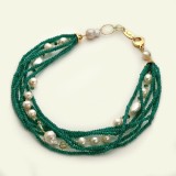 Cumpara ieftin Colier Argint 925 placat aur, agat verde smarald &amp; perle cultura, 49cm, Greta - Bijuterie Made in Italy, Cutie cadou