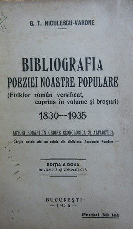 1936 Bibliografia poeziei noastre populare - G. T. Niculescu-Varone ed.II comple