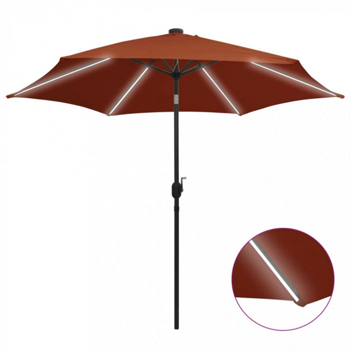 Umbrelă de soare, LED-uri și st&acirc;lp aluminiu, cărămiziu, 300 cm