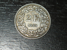 Moneda argint 2 franci Elvetia 1939, stare buna foto