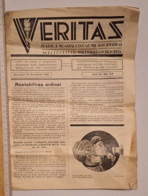 Ziar &amp;bdquo;Veritas&amp;rdquo; București 1935 &amp;ndash; Politică mondială &amp;ndash; bilingv rom&amp;acirc;nă/germană foto