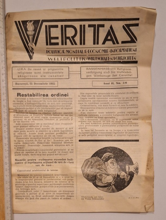 Ziar &bdquo;Veritas&rdquo; București 1935 &ndash; Politică mondială &ndash; bilingv rom&acirc;nă/germană