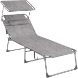 Sezlong pliabil SONGMICS cu parasolar, tetiera si spatar reglabil, gri