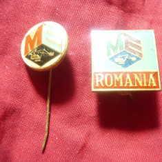 2 Insigne Mecano Electrica Romania , metal si email , d=1,5 si 2,1cm