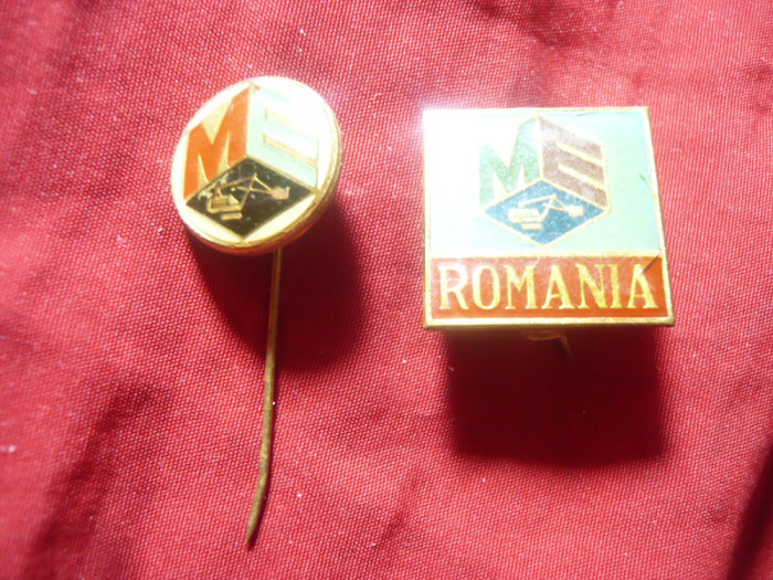 2 Insigne Mecano Electrica Romania , metal si email , d=1,5 si 2,1cm