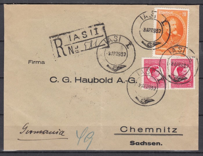 ROMANIA 1931 SEMICENTENARUL REGATULUI CAROL II /PLIC CIRCULAT IASI-CHEMNITZ 1932